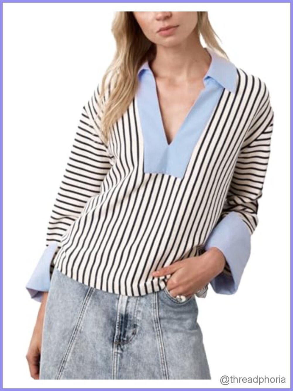 Women's Striped V-Neck Collared Oversized Sweatshirt Long Sleeve Polo Rugby